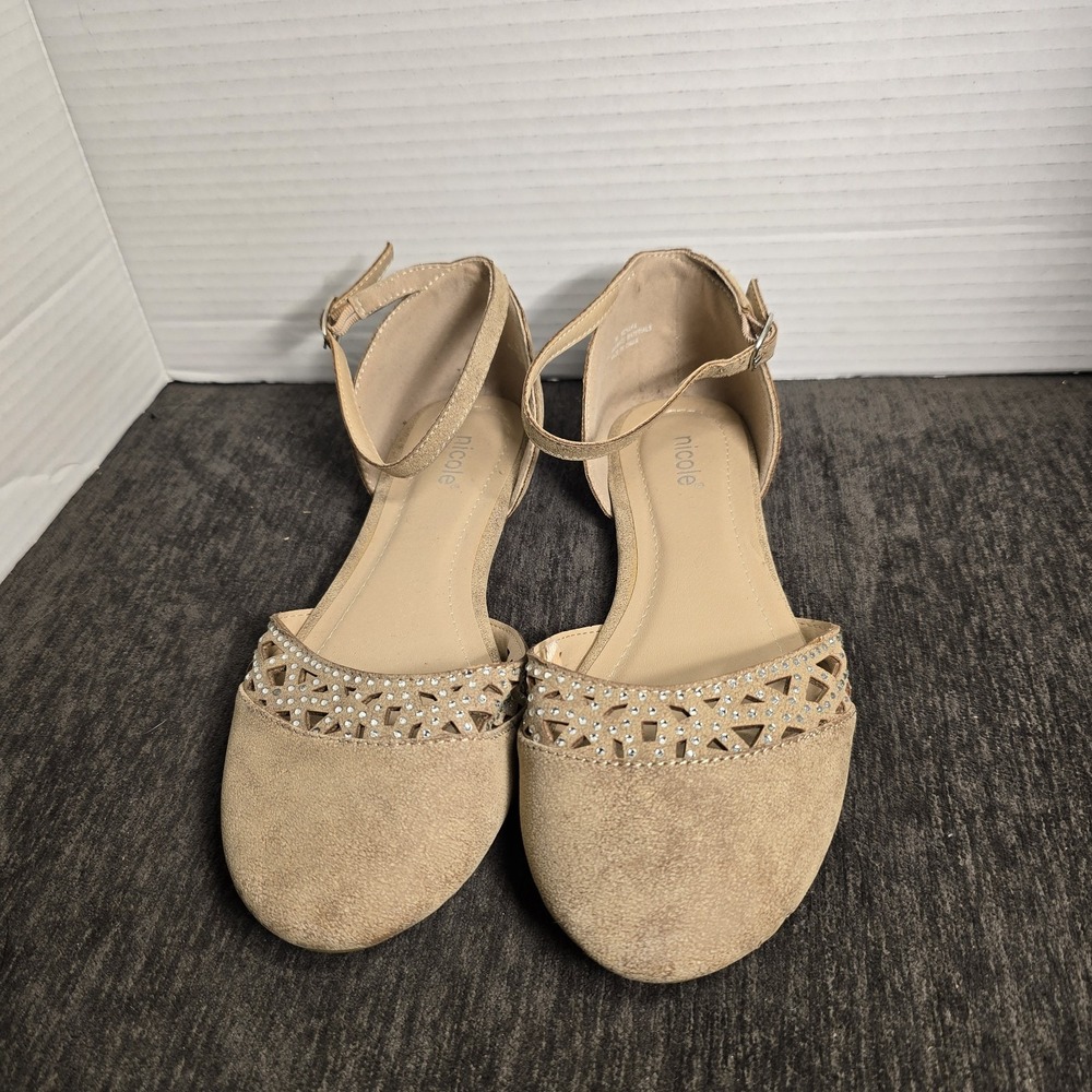 Nicole Nchaka Tan Faux Suede Rhinestone Laser Cut Ankle Strap d'Orsay Flats 7M